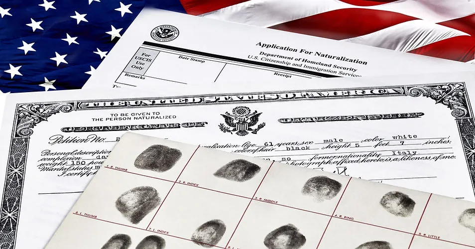 Naturalization application and fingerprints on an American flag