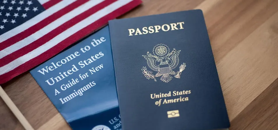 U.S. passport and immigration guide beside an American flag